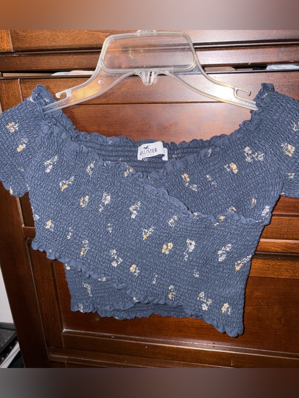 Hollister Navy Smocked Floral Off-Shoulder Crop Top